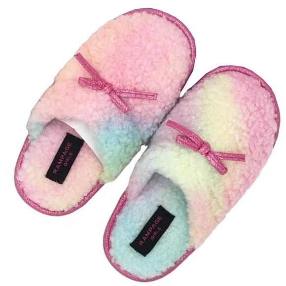 🌸 Rampage Barbiecore Bedroom House Slippers Rainbow Sherpa Bows Pink Tie Dye - Picture 2 of 5